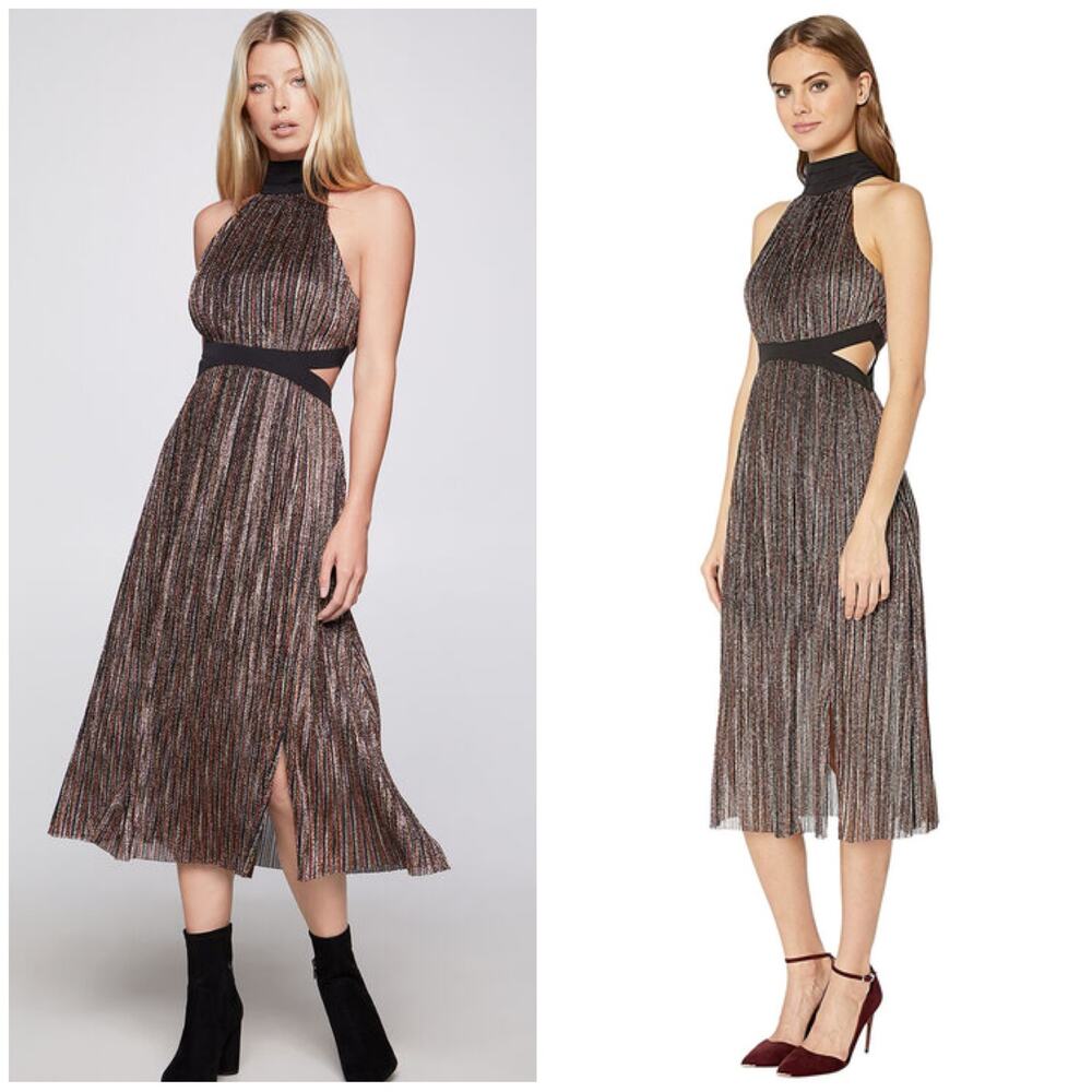 NWT BCBGeneration Mock Neck Bow Back Midi Dress Size 10 Metallic Striped Cut Out